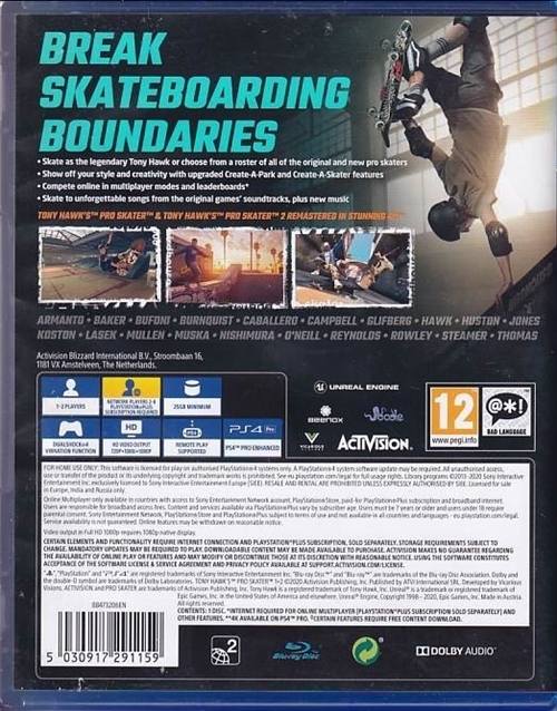 Tony Hawks Pro Skater 1+2 - PS4Spil (A Grade) (Genbrug)